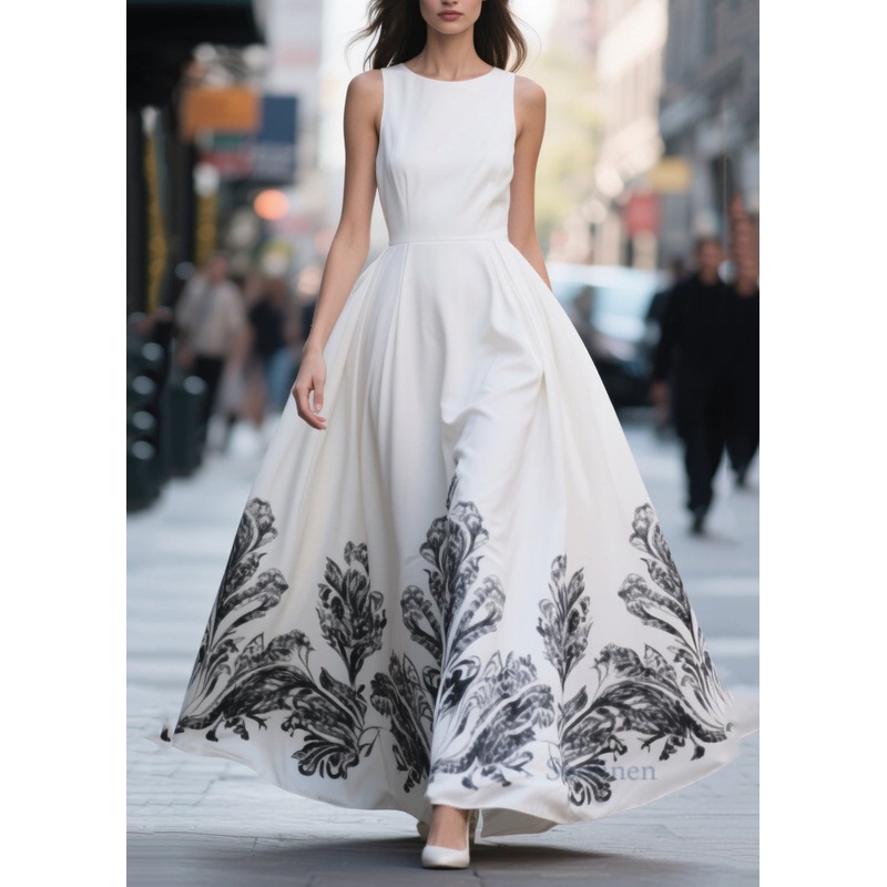 Women White Print Exra Large Hem Chiffon Party Dresses Summer
