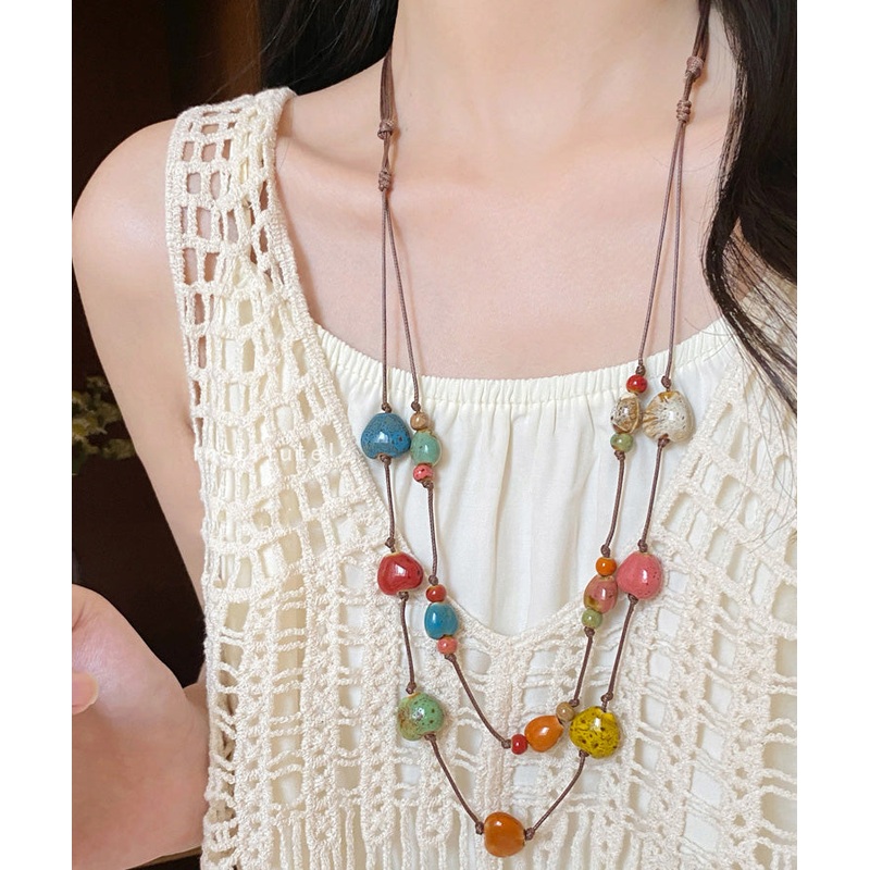 2025 Rainbow Wax Rope Ceramic Double-Layer Pendant Necklace