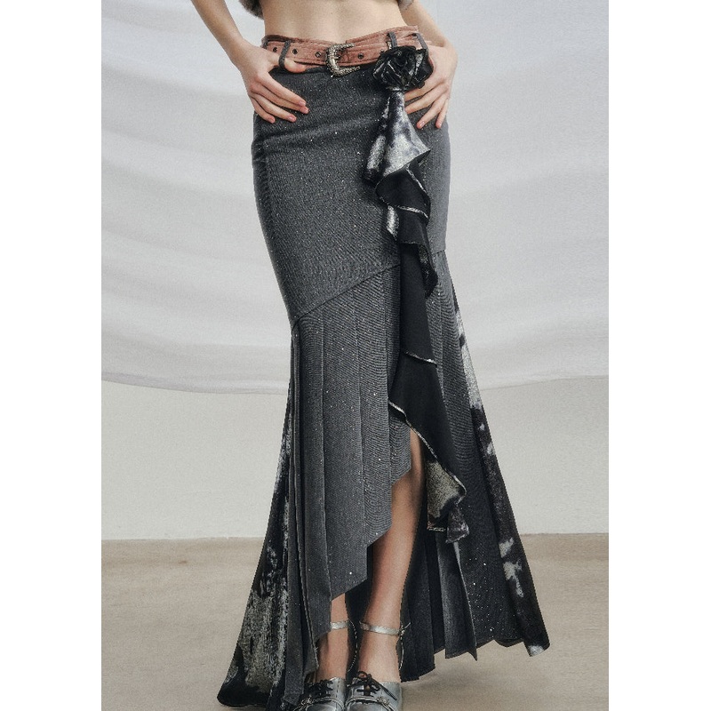 Art Grey Asymmetrical Wrinkled Cotton Skirts Fall