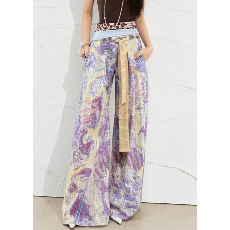Art Purple Print Hollow Out Linen Wide Leg Pants Summer