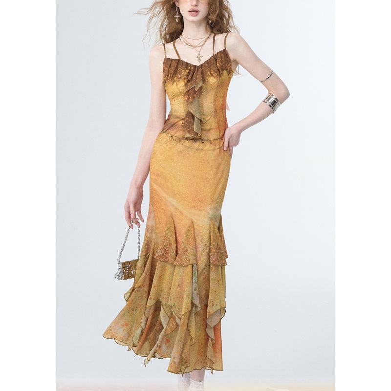 Beach Yellow Patchwork Maxi Spaghetti Strap Dresses Sleeveless