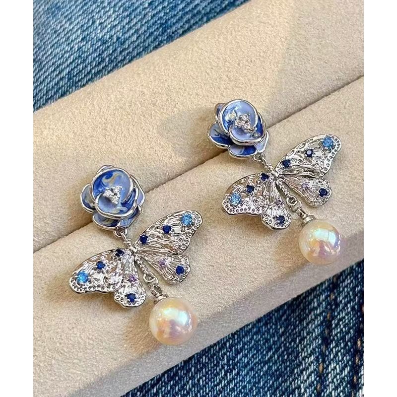 Beautiful Silk Alloy Pearl Zircon Butterfly Floral Enamel Drop Earrings