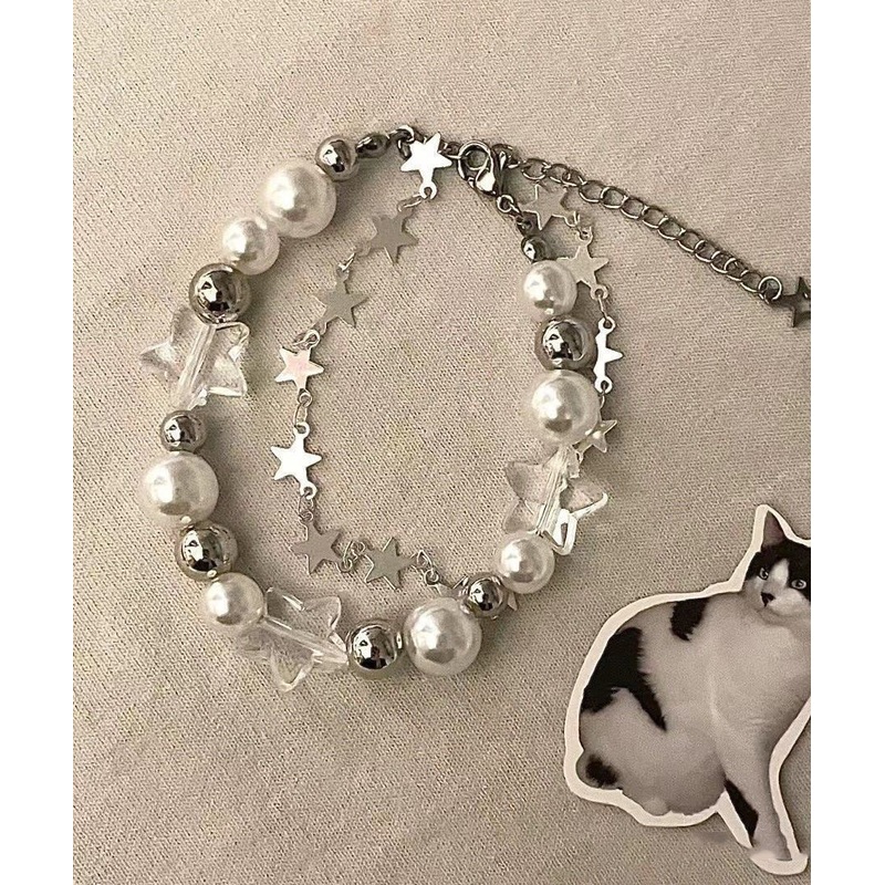 Beautiful White Stainless Steel Star Double-Layer Pearl Charm Bracelet