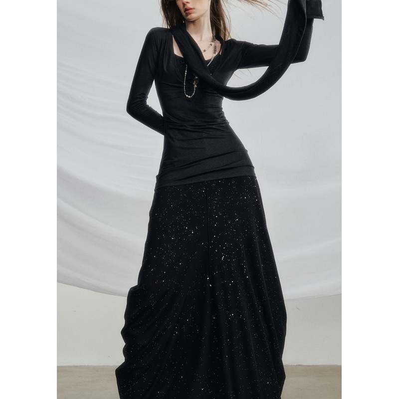 Black High Waist Solid Cotton Two Pieces Set Hollow Out