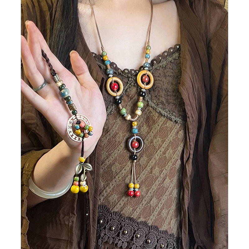 Bohemian Rainbow Nylon Rope Ceramic Beads Pendant Necklace