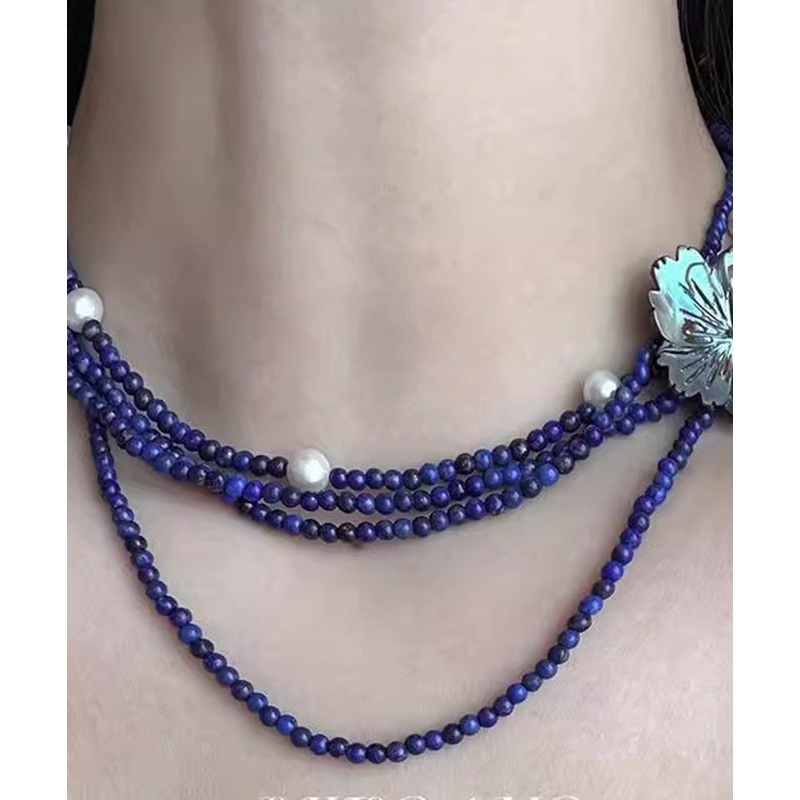 Chic Blue Alloy Pearl Beading Floral Layered Gratuated Bead Necklace