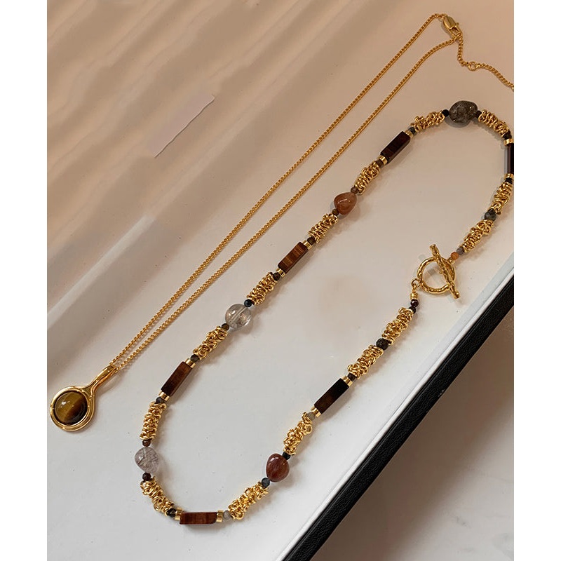 Vintage Gold Copper Overgild Tiger’s-Eye Beads Two-Piece Set Pendant Necklace