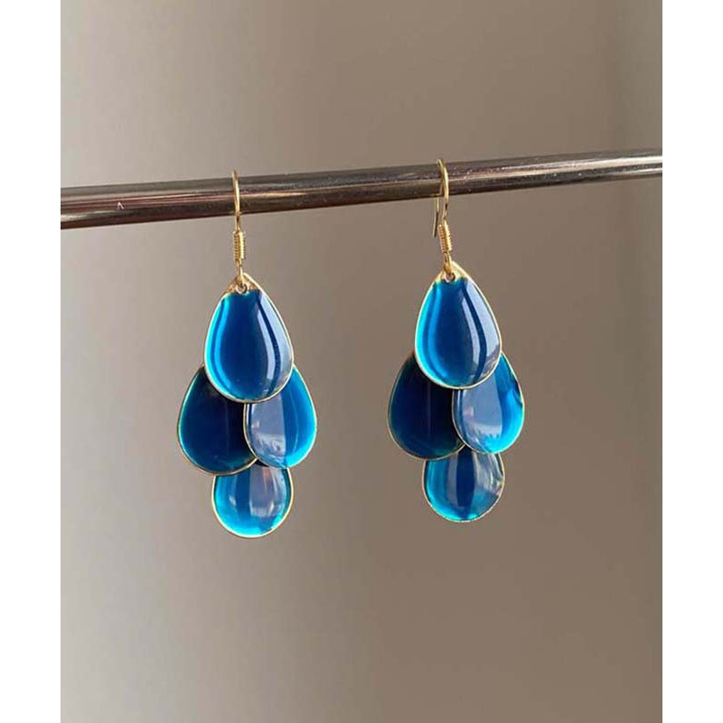 Vogue Blue Copper Overgild Drip Glazed Water Drop Tassel Drop Earrings
