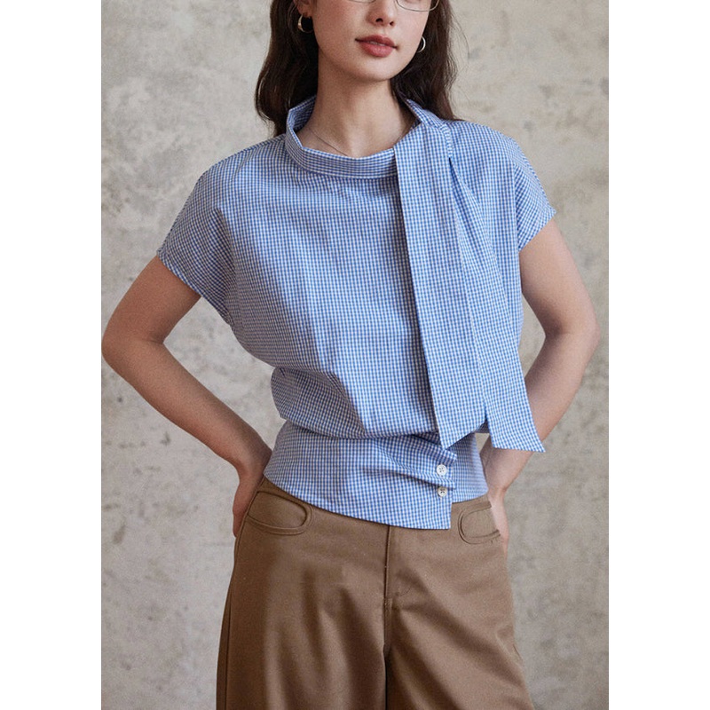 Art Blue Plaid Bow Cotton Blouses Summer