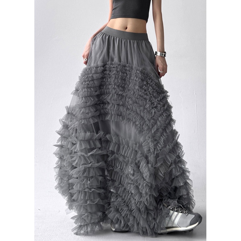 Art Grey Ruffled Elastic Waist Tulle Maxi Skirts Summer