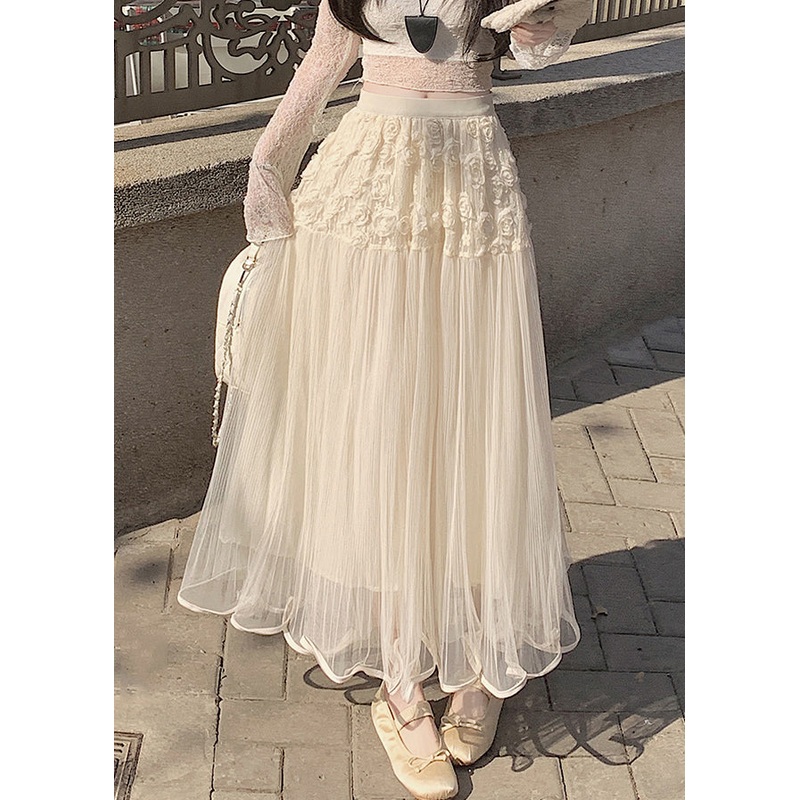 Beautiful Beige Floral Elastic Waist Tulle Skirt Summer