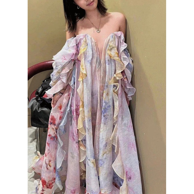 Beautiful Cold Shoulder Ruffled Print Chiffon Long Dresses