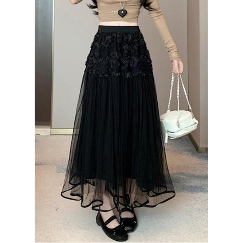 Black Elastic Waist Solid Tulle Summer Skirts Wrinkled
