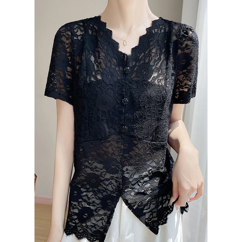 Black Hollow Out Solid Lace Summer Shirt V Neck