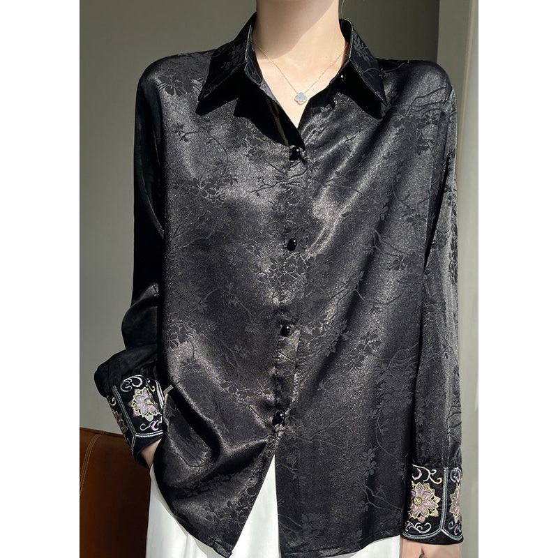 Black Print Button Silk Fall Shirt Peter Pan Collar