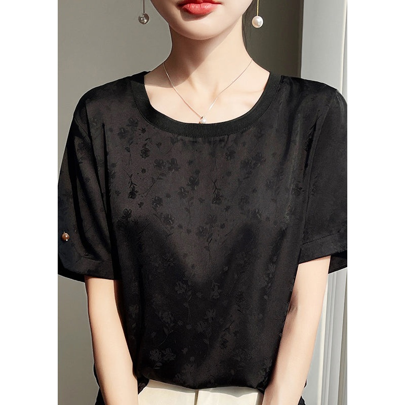 Black Side Open Silk Shirts O Neck Summer