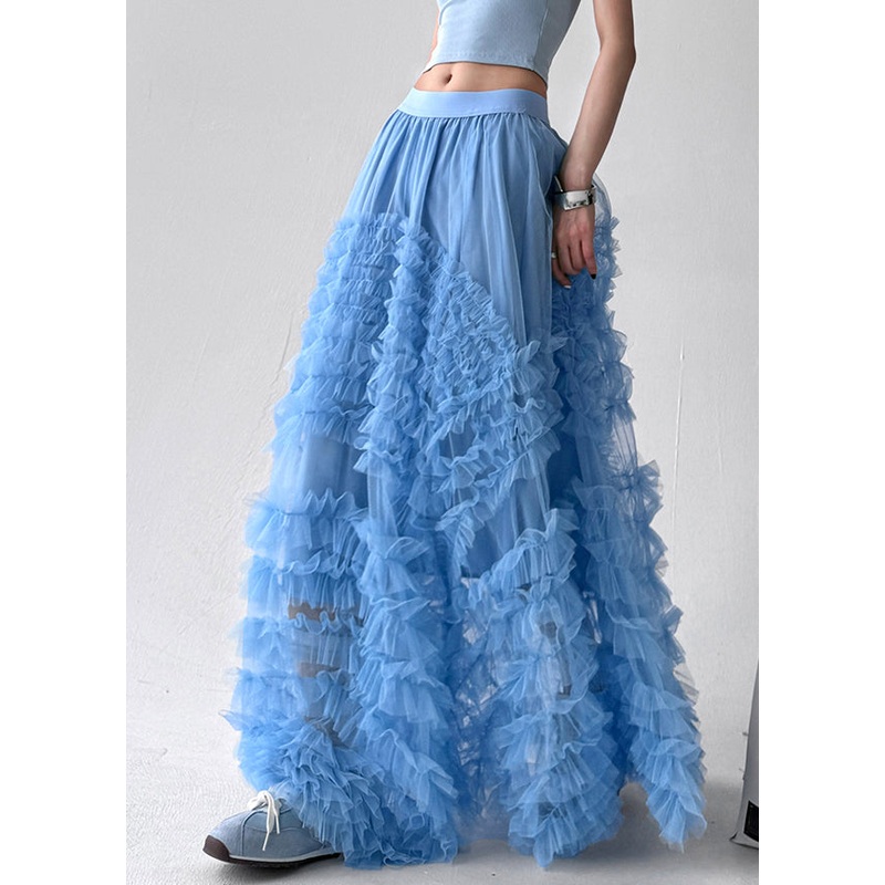 Blue Elastic Waist Solid Tulle Summer Exra Large Hem Skirt Ruffled