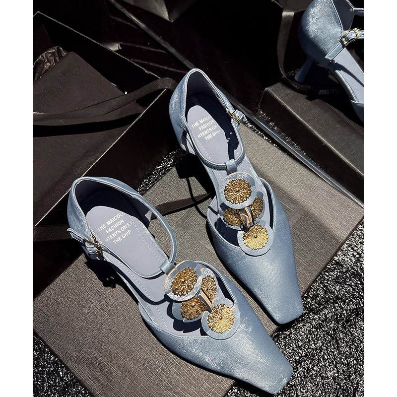 Boutique Blue Cowhide Leather High Heels Splicing Floral