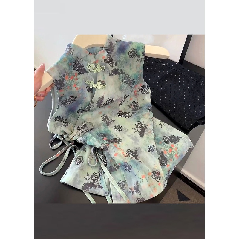 Chinese Style Green Print Lace Up Cotton Blouses Summer