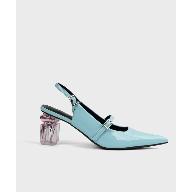Classy Blue Faux Leather Splicing Chunky High Heels Pointed Toe