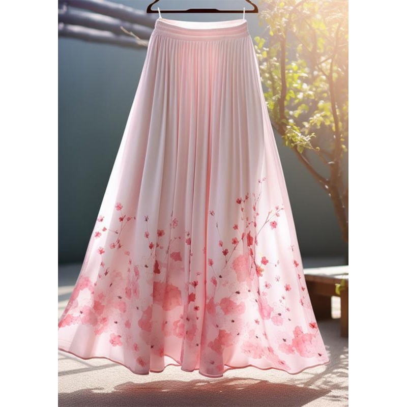 Elegant Pink Print Elastic Waist Chiffon Skirt Summer