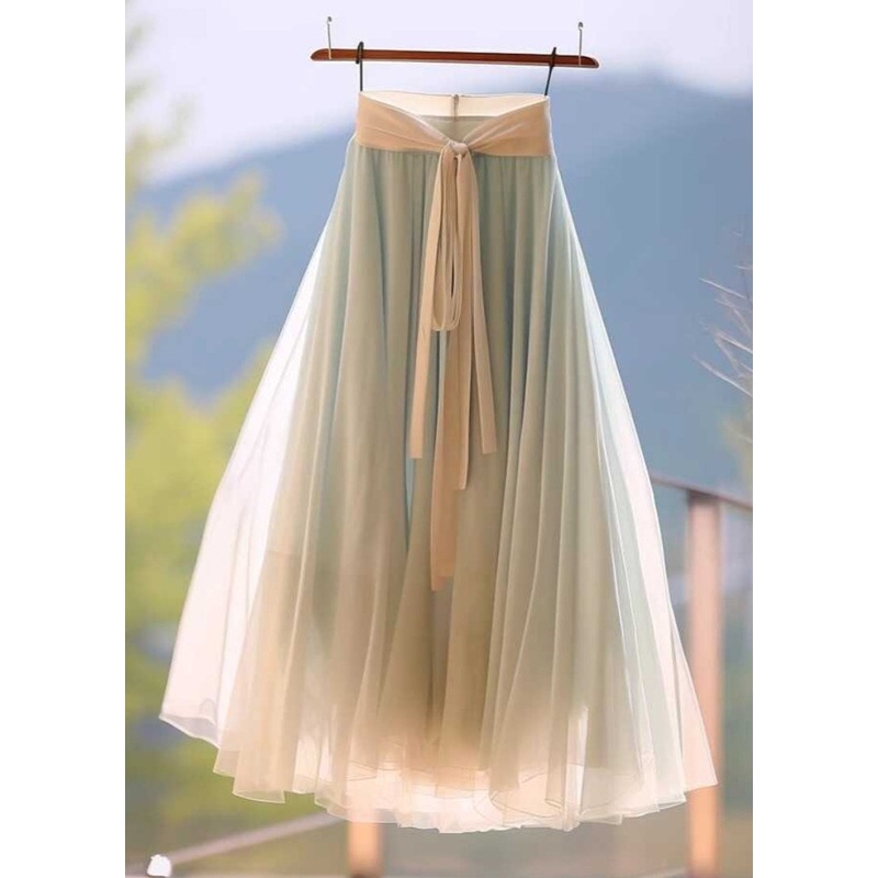 Simple Light Blue Wrinkled Lace Up Tulle Skirt Summer