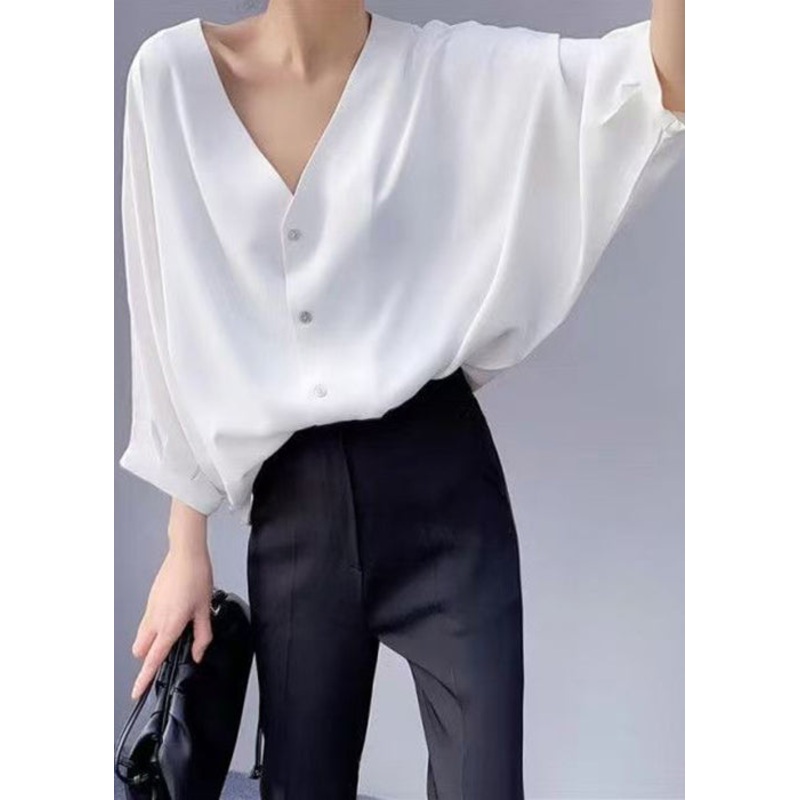 Simple White V Neck Button Chiffon Blouses Batwing Sleeve