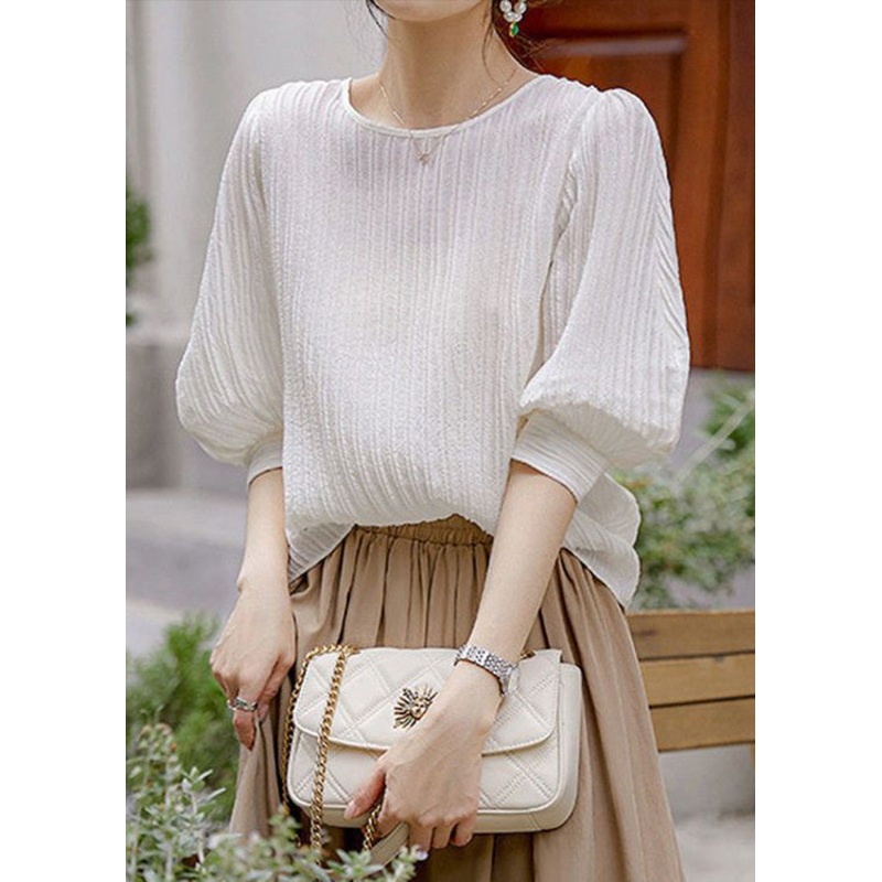 Simple White Wrinkled Solid Silk T Shirt Lantern Sleeve