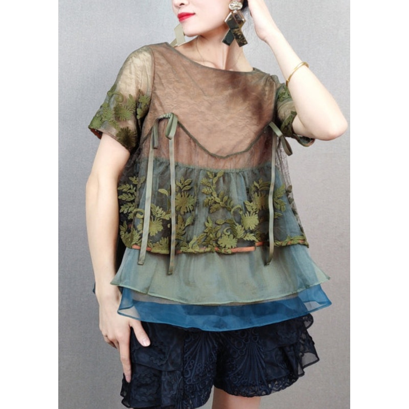 Stylish Green Embroidered Patchwork Tulle T Shirts Summer