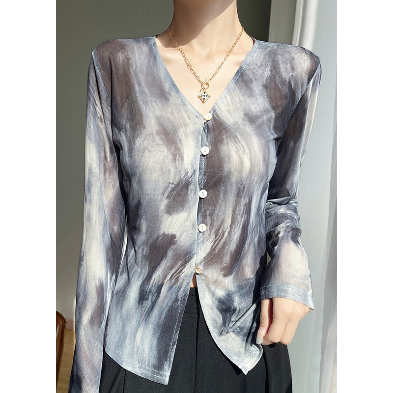 Stylish Grey V Neck Print Tulle T Shirt Fall