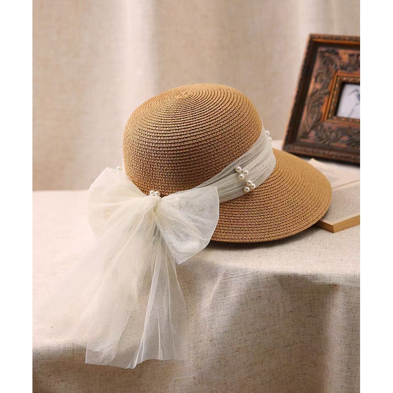 Stylish Khaki Bow Nail Bead Straw Woven Sun Hat