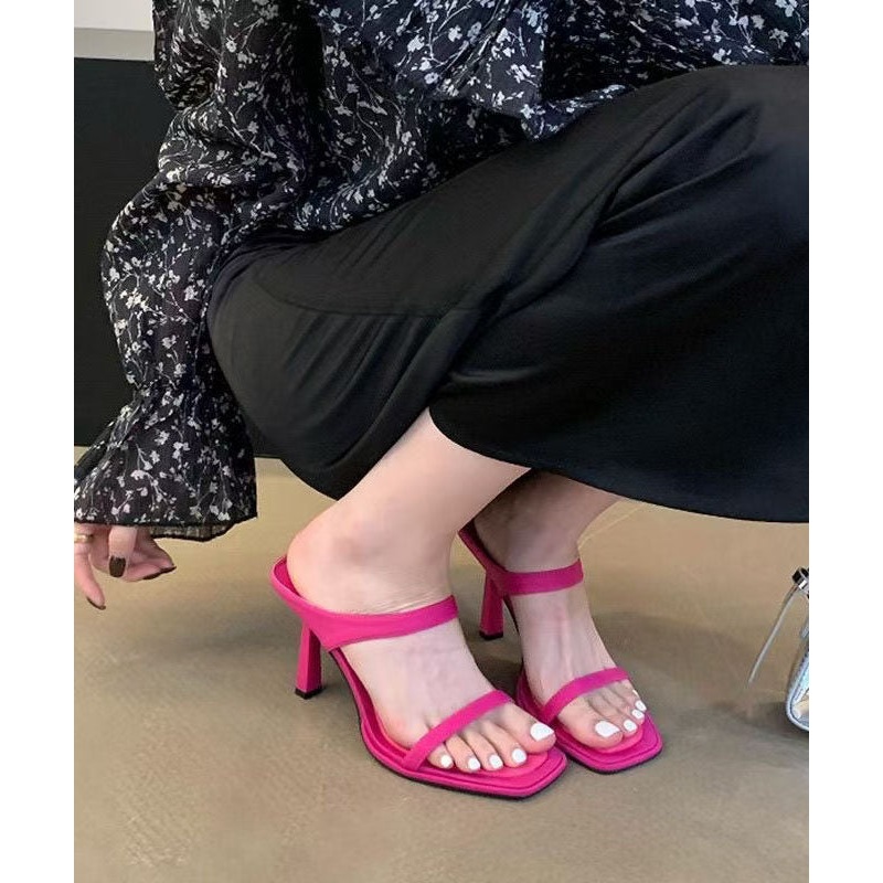 Stylish Rose Faux Leather Stiletto Slide Sandals Peep Toe