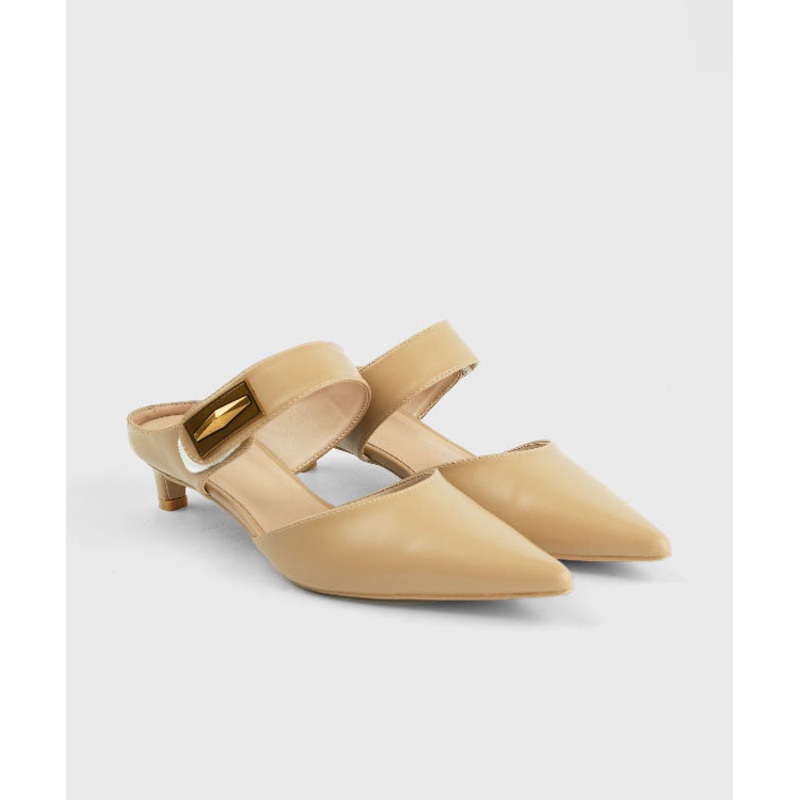Unique Splicing Kitten Heels Khaki Faux Leather Slide Sandals