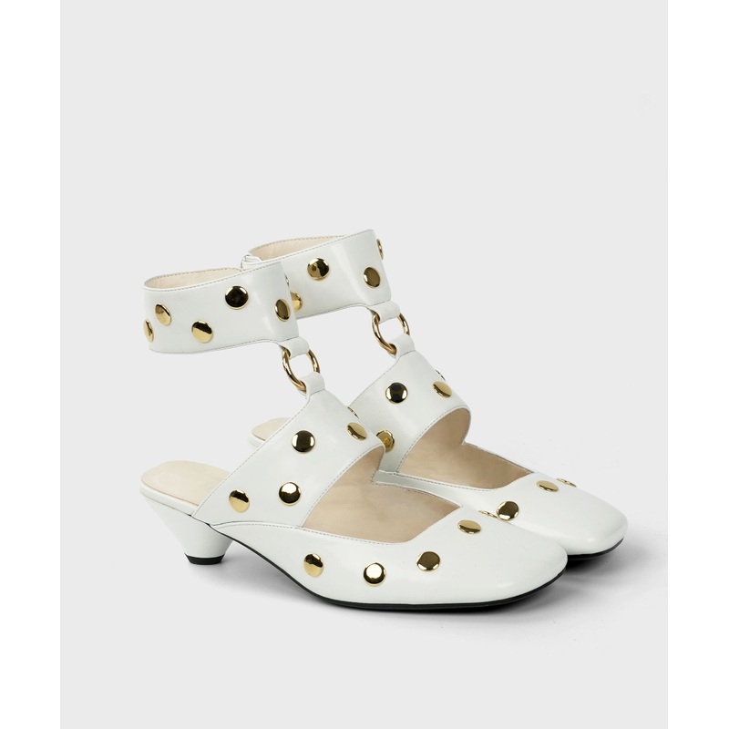 White Rivet Splicing Faux Leather Hollow Out Chunky Heels