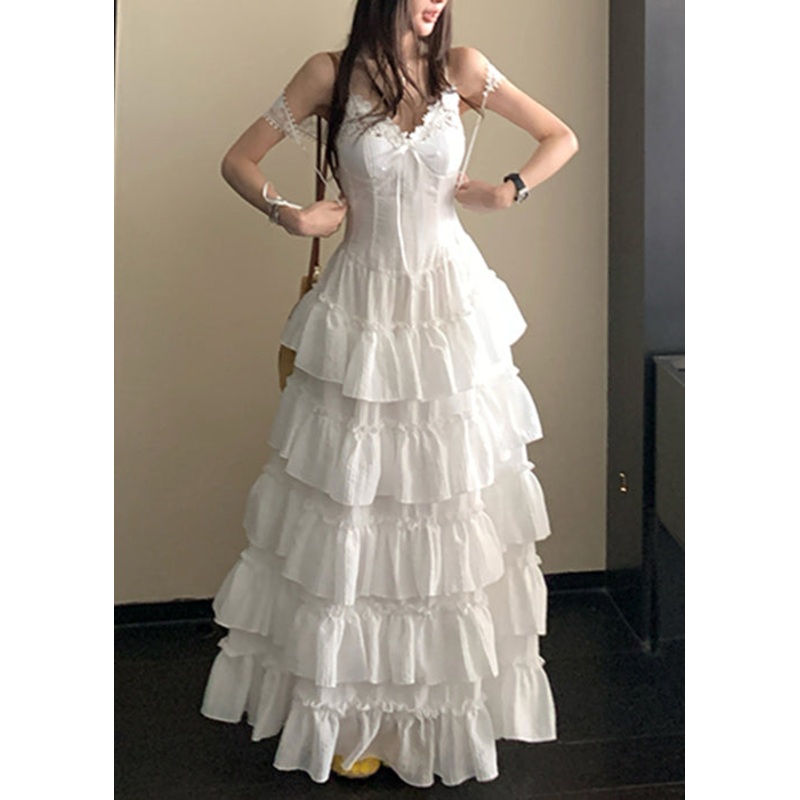 White Ruffled Zippered Cotton Spaghetti Strap Dress V Neck Summer