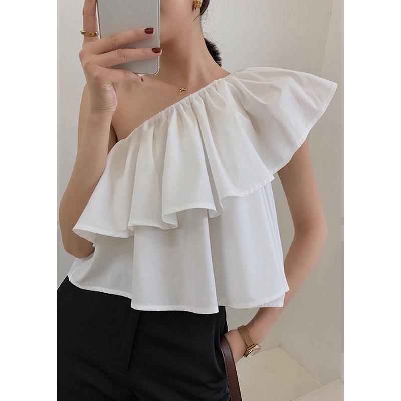 White Solid Cotton Shirts Cold Shoulder Summer