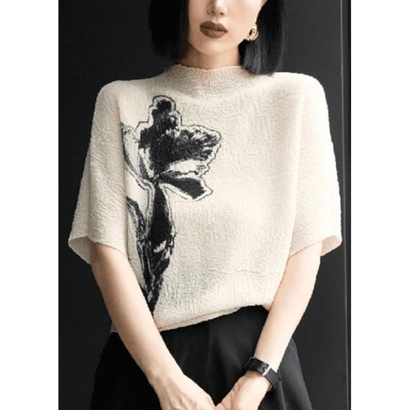 Women Beige Print Wrinkled Cotton T Shirts Batwing Sleeve