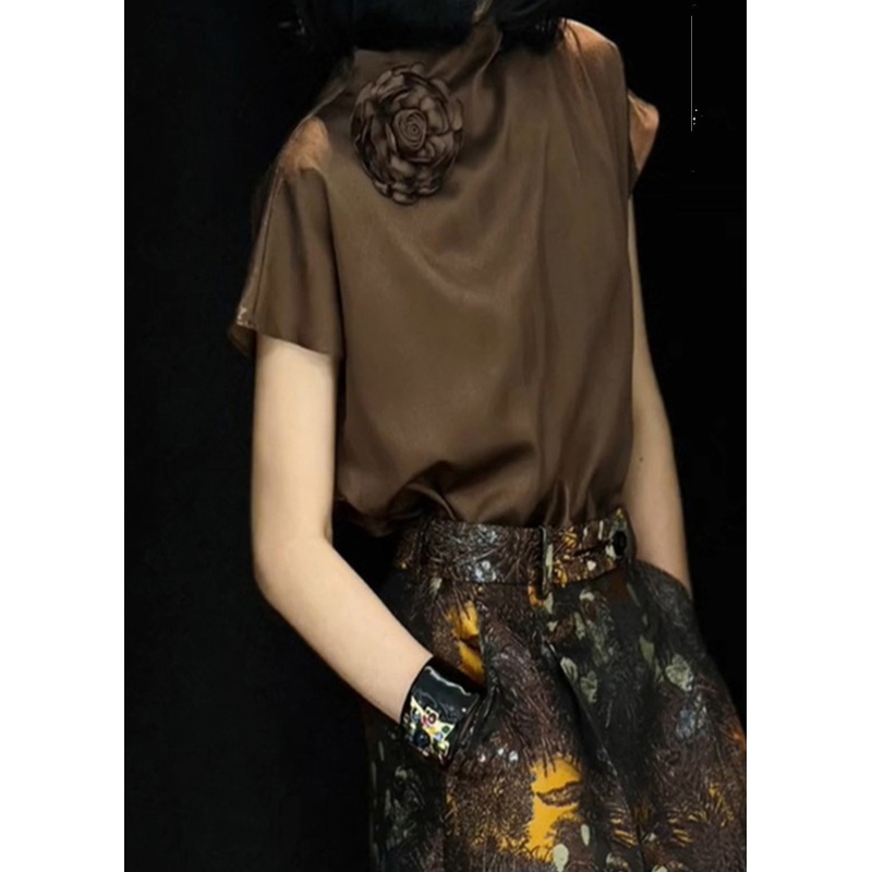 Women Brown Floral Solid Silk Shirts Summer