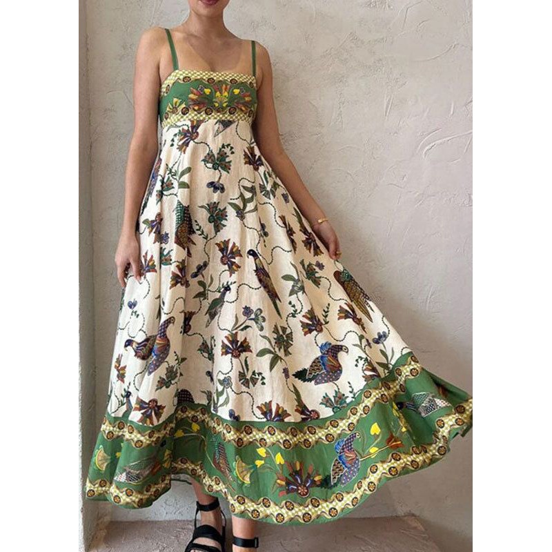 Women Green Print Pockets Patchwork Cotton Spaghetti Strap Dress Sleeveless