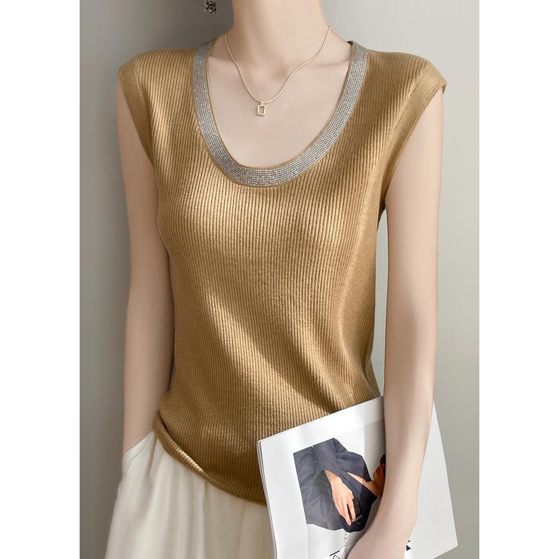 Women Yellow U Neck Patchwork Knit Tank Summer