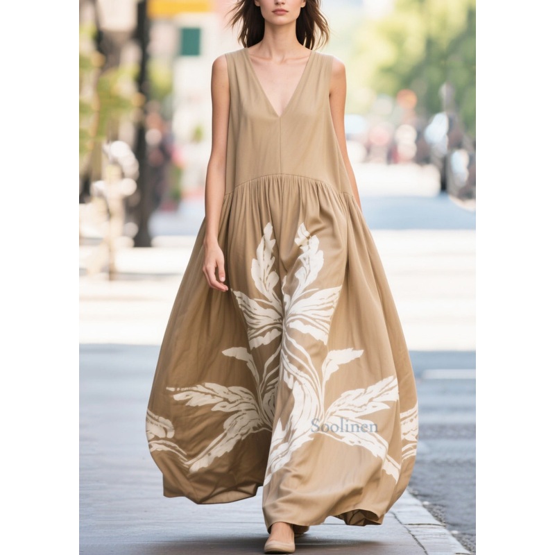 Art Khaki Print Exra Large Hem Cotton Dresses Summer
