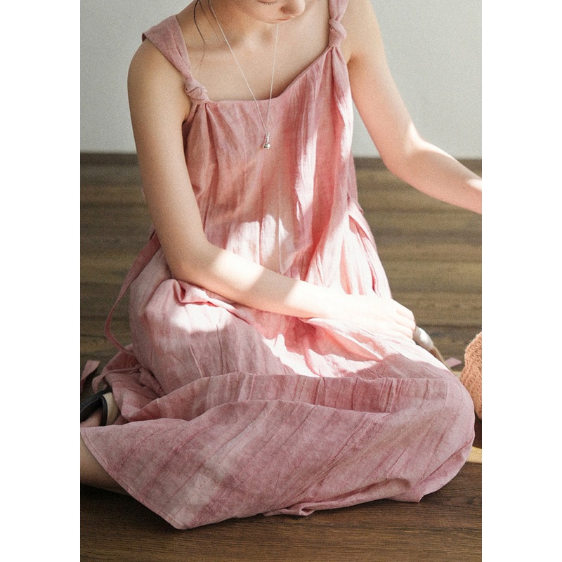Art Pink Wear On Both Sides Tie Waist Linen Spaghetti Strap Dress Sleeveless