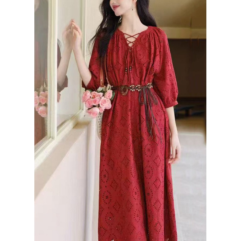 Art Red Embroidered Hollow Out Cotton Holiday Dress Summer