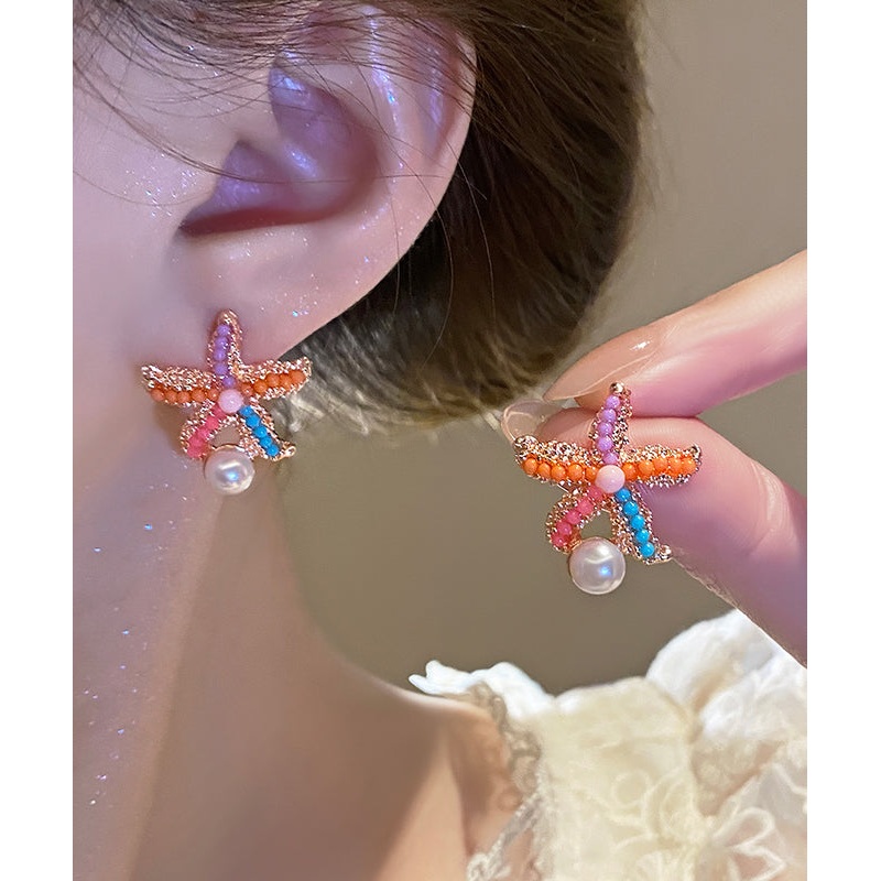 Beautiful Rainbow Alloy Pearl Starfish Stud Earrings