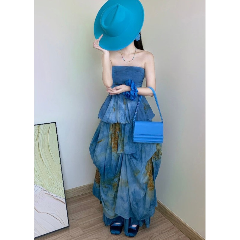 Beautiful Sea Blue Cold Shoulder Tie Dye Two Pieces Set Summer