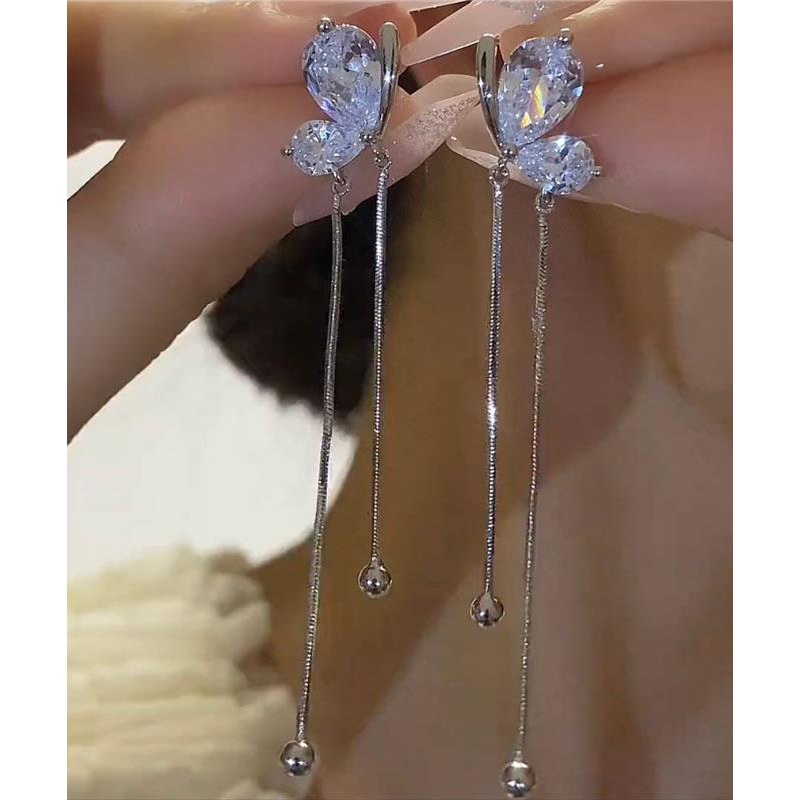 Beautiful Silk Copper Zircon Butterfly Tassel Drop Earrings
