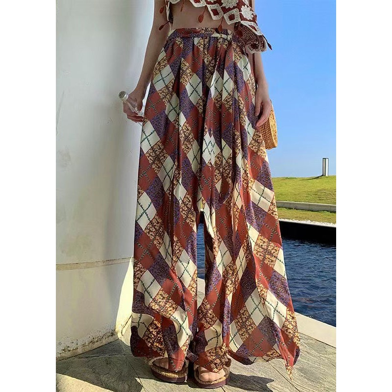 Bohemian Brown Print Side Open Chiffon Wide Leg Pants Summer