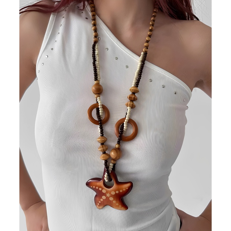 Bohemian Brown Woodiness Starfish Beads Pendant Necklace