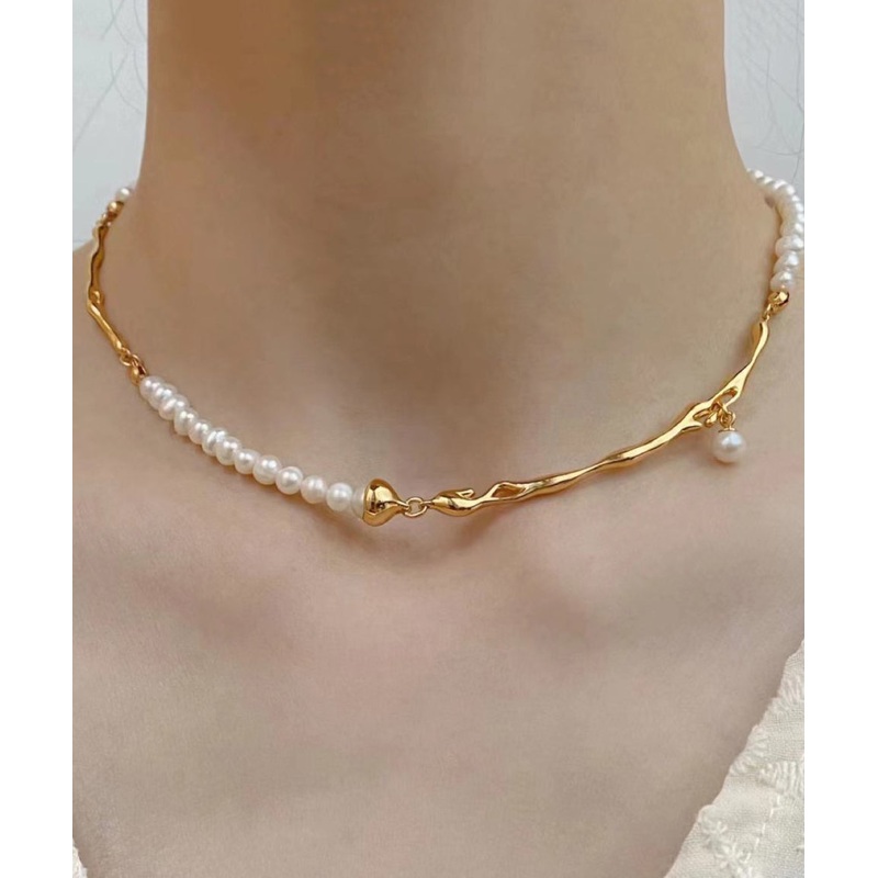 Bohemian Gold Copper Alloy Pearl Patchwork Gratuated Bead Necklace
