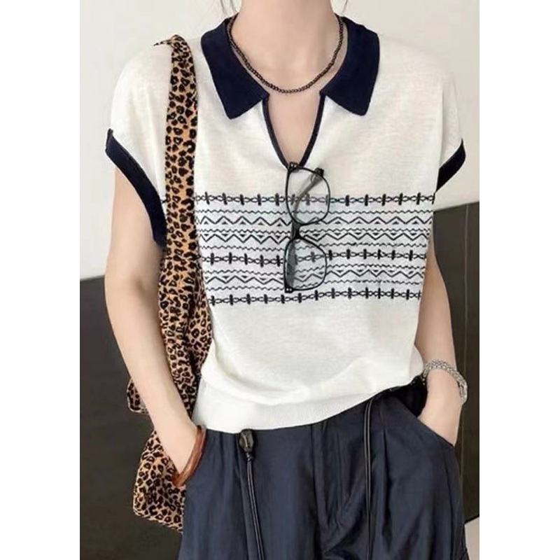 Casual White Peter Pan Collar Print Knit Top Summer